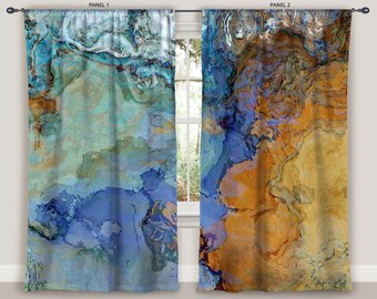 Abstract Art Window Curtains In Blue And Green 50x84 Etsy