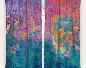 May include: Two abstract patterned curtains with a swirling design in shades of pink, blue, green, and orange. The curtains are labeled "Panel 1" and "Panel 2".