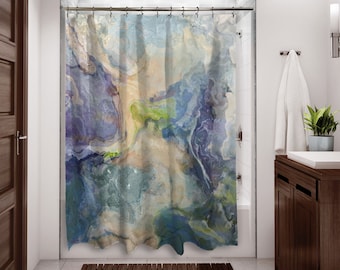 Abstract Art Shower Curtain, Contemporary Bathroom Decor, Bathroom Art, Water Resistant Shower Curtain, Emergence, in Blue, Purple, Beige