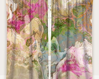 May include: Two abstract patterned curtains with a swirling design in shades of pink, green, brown, and white. The curtains are labeled "Panel 1" and "Panel 2".