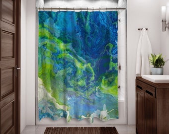 Abstract Art Shower Curtain, Contemporary Bathroom Decor, Bathroom Art, Water Resistant Shower Curtain, River Dream, Blue, Green and White