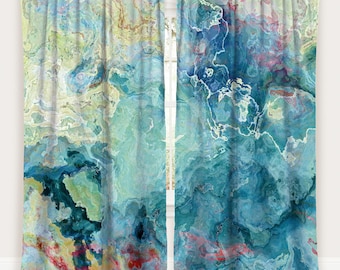May include: Two blue, green, and yellow abstract watercolor curtain panels with a marbled design. The panels are labeled "Panel 1" and "Panel 2".