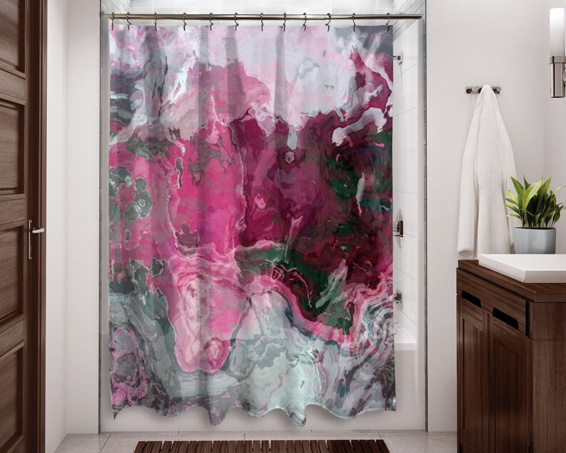 Contemporary Shower Curtain Waterproof Fabric Abstract Art Bathroom Decor Hot Pink And Gray Raspberry