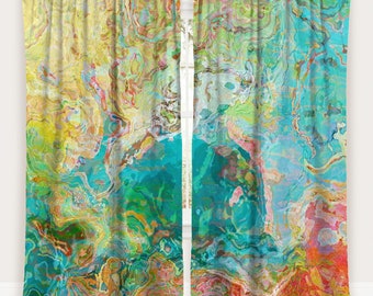 May include: Two abstract curtain panels with a swirling, marbled design in shades of yellow, green, blue, and orange. The panels are labeled "Panel 1" and "Panel 2".