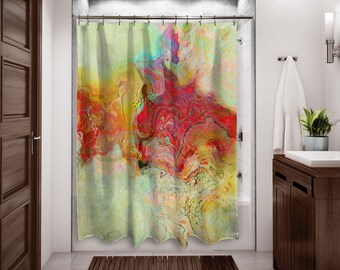 Abstract Art Shower Curtain, Contemporary Bathroom Decor, Bathroom Art, Water Resistant Shower Curtain, Red, Yellow, Pale Green, Unexpected