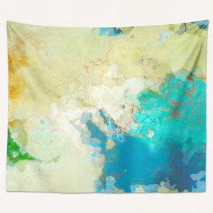 Abstract Art Tapestry Large Wall Hanging, Modern Living Room or Bedroom Decor, Contemporary Decor, Coastal in Cream, Yellow, Blue, Green