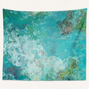 Abstract Art Tapestry Large Wall Hanging, Modern Living Room or Bedroom Decor, Contemporary Decor, Soft Concept in Aqua, Brown, Green