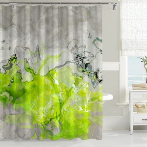 Abstract Art Shower Curtain, Contemporary Bathroom Decor, Bathroom Art, Water Resistant Shower Curtain, Lime Love, Lime Green and Warm Gray image 2