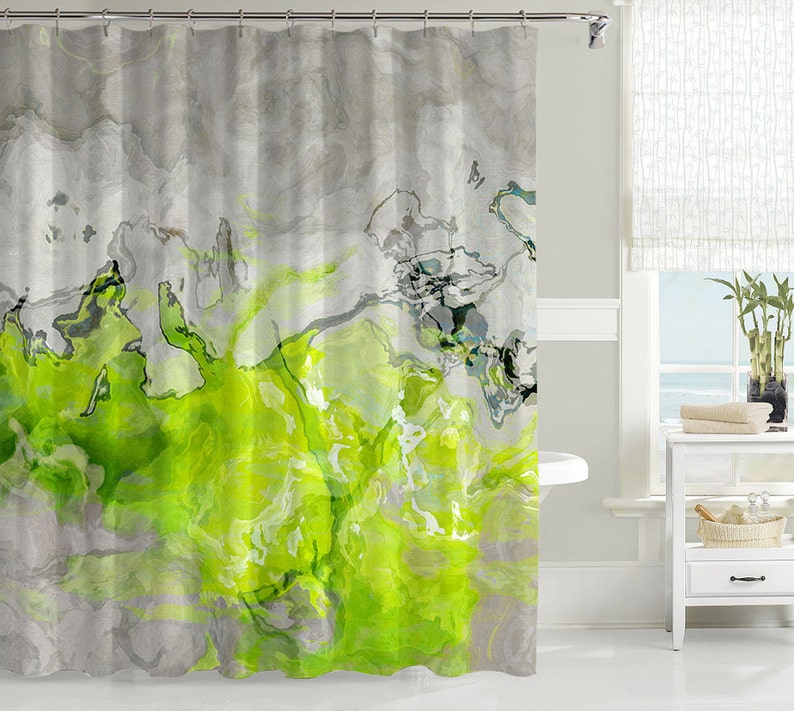 Abstract Art Shower Curtain, Contemporary Bathroom Decor, Bathroom Art, Water Resistant Shower Curtain, Lime Love, Lime Green and Warm Gray image 2