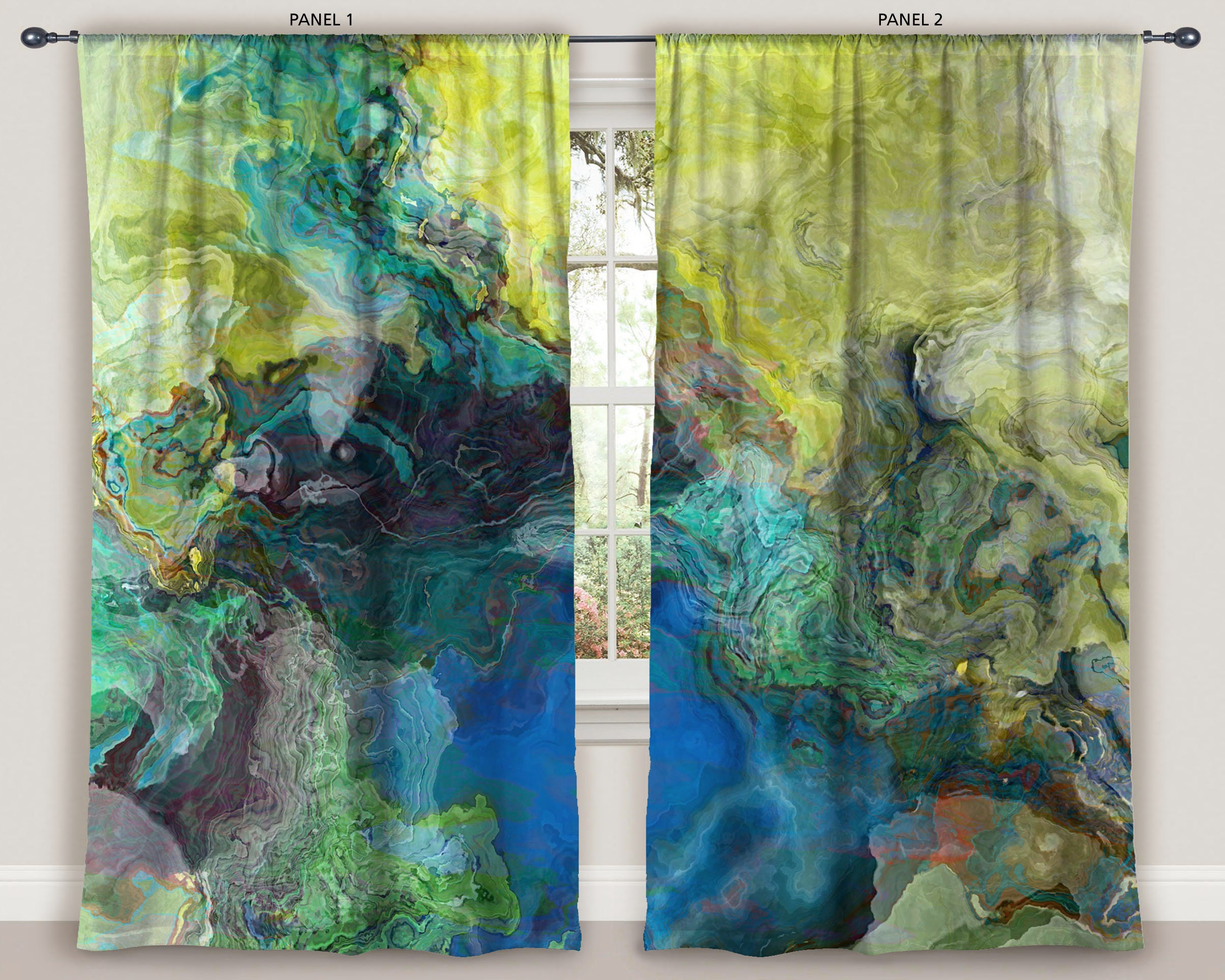 Abstract Art Window Curtains in Blue and Green 50x84 Etsy