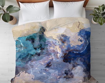 Duvet Cover with Abstract Art in King, Queen or Twin, Silky Smooth Microfiber, Contemporary Bedroom Decor, Modern Bedding, Bluesy