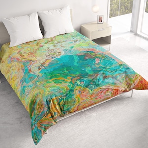All Seasons Lightweight Comforter with Abstract Art, Contemporary Quilt Bedding, Twin, Queen or King Size Bedspread, Spring Melody