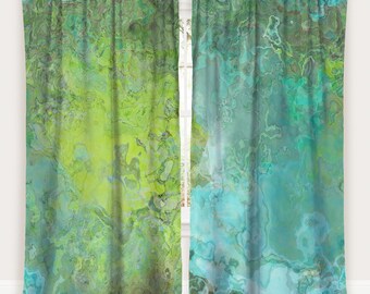May include: Two green and blue abstract patterned curtains with the words "Panel 1" and "Panel 2" at the top.
