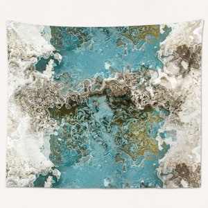 May include: Abstract tapestry featuring swirling patterns in shades of blue, brown, and white. The design resembles flowing water or a marbleized effect.