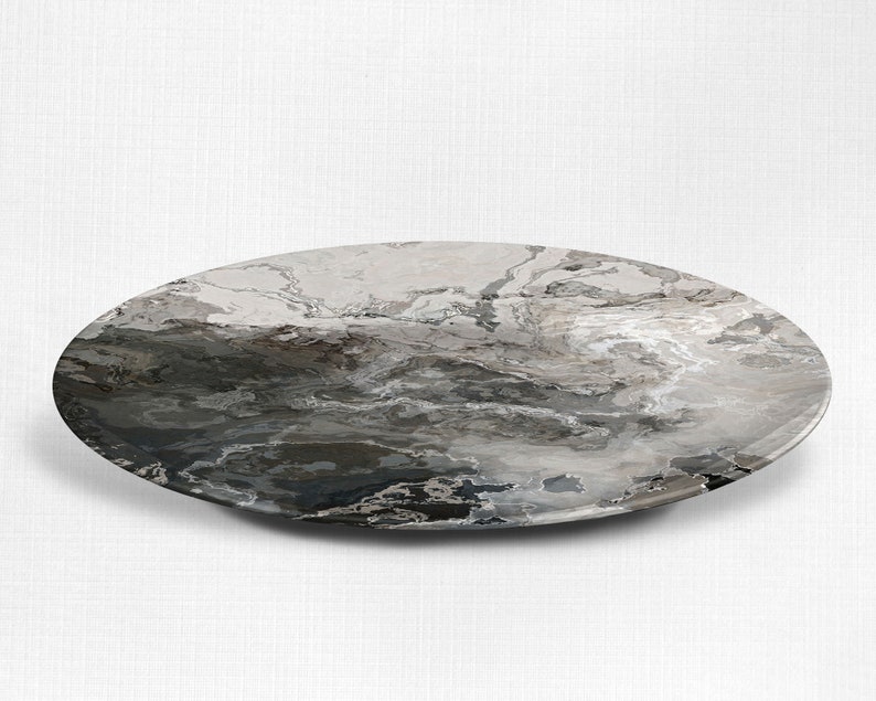No Melamine Geologic Abstract Art Plate or Bowl Unbreakable Outdoor Dinnerware in Warm Gray and White Microwave Safe Polymer Plastic