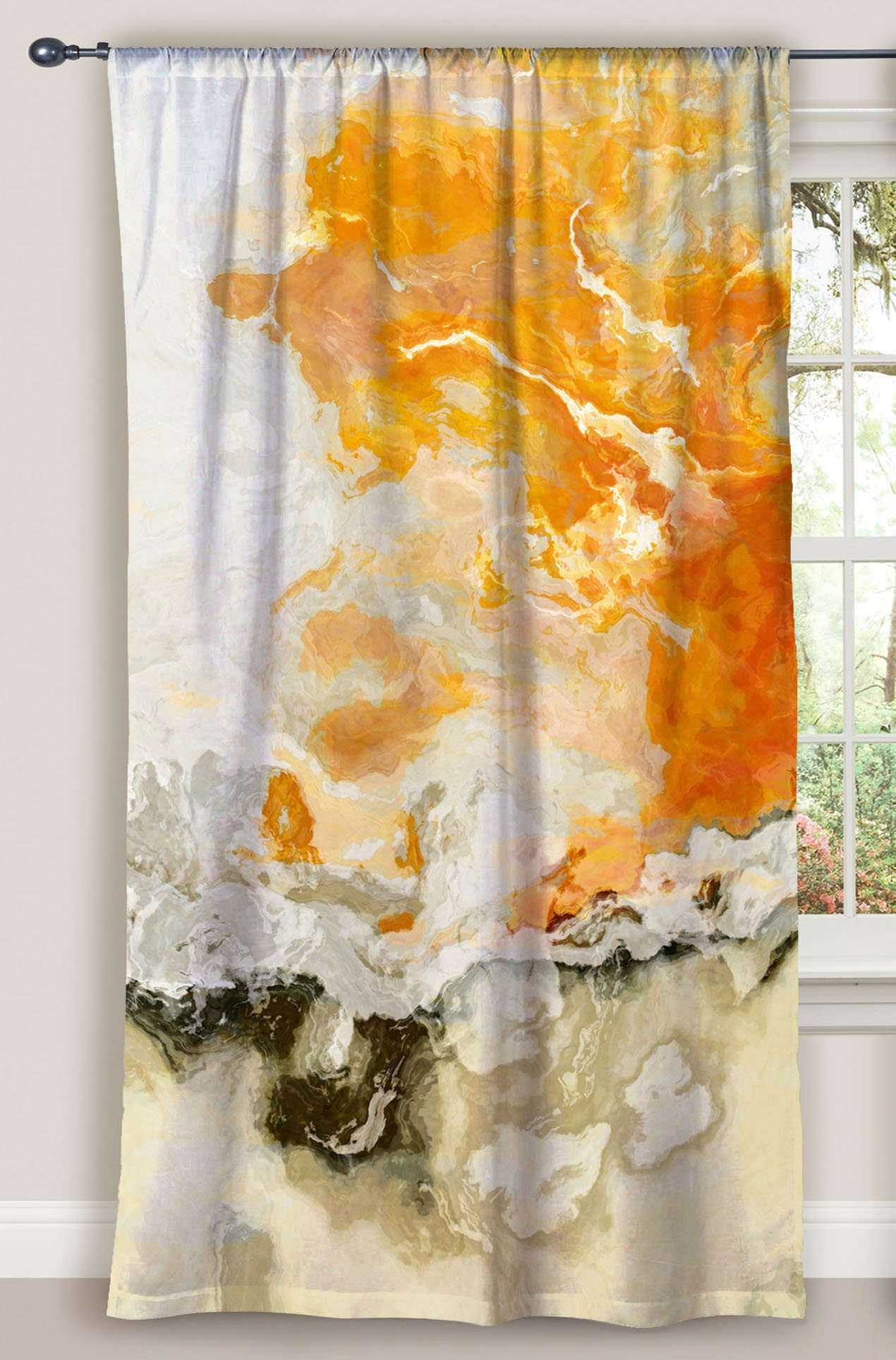 Abstract Art Window Curtain In Cream And Orange Etsy