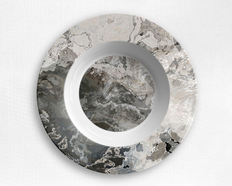 No Melamine Geologic Abstract Art Plate or Bowl Unbreakable Outdoor Dinnerware in Warm Gray and White Microwave Safe Polymer Plastic