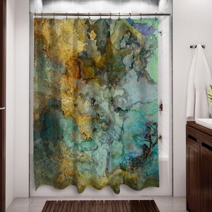 Abstract Art Shower Curtain, Contemporary Bathroom Decor, Bathroom Art, Water Resistant Shower Curtain, Kinetic, in Blue, Green and Brown image 1