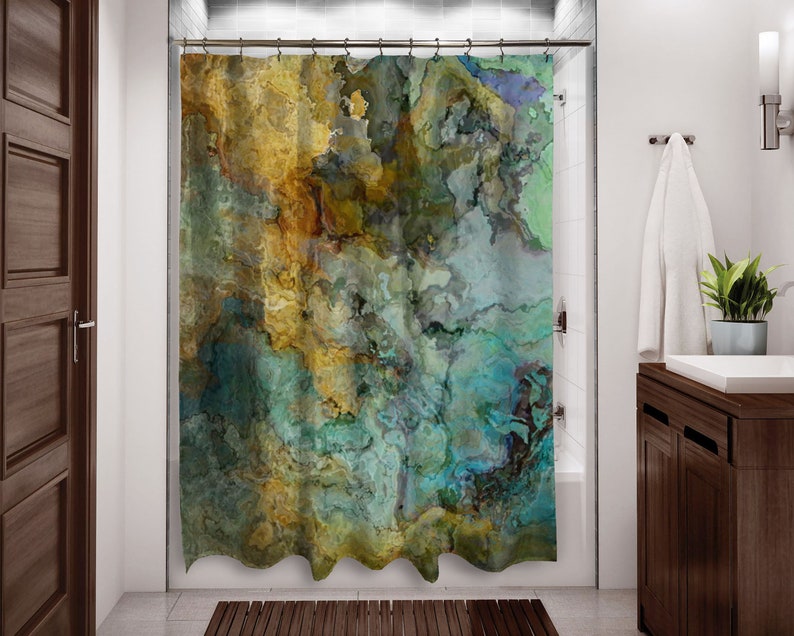 Abstract Art Shower Curtain, Contemporary Bathroom Decor, Bathroom Art, Water Resistant Shower Curtain, Kinetic, in Blue, Green and Brown image 1