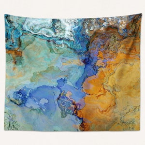 May include: Abstract art tapestry featuring a swirling blend of blue, teal, and orange colors. The colors are reminiscent of water and earth.