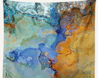 Abstract Art Tapestry: Large Modern Wall Hanging - Bridge in Dark Orange, Blue and Aqua