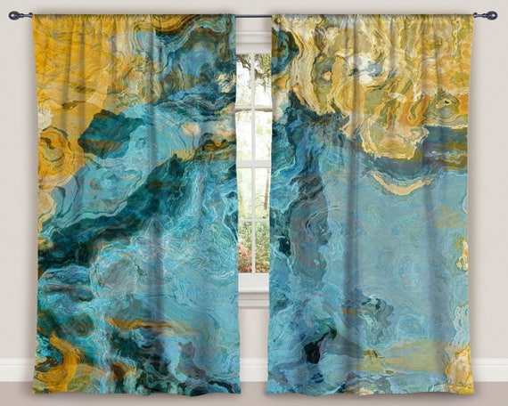 Abstract Art Window Curtain Set In Aqua Yellow And Tan Two Etsy