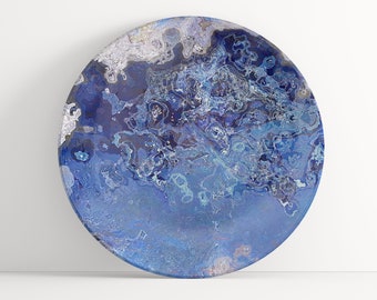 Plate with Abstract Art, Unbreakable Indoor/Outdoor Contemporary Dinnerware, Microwave Safe Polymer Plastic (No Melamine), Blue Stone
