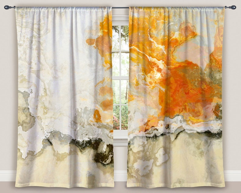 Abstract Art Window Curtain Set In Cream And Orange Two Etsy