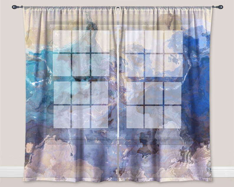 Sheer Drape Sheer Drapery Set With Abstract Art In Teal Two 50x84