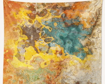 Abstract Art Tapestry: Large Modern Wall Hanging - Tuscany in Teal, Yellow, Brown, Orange
