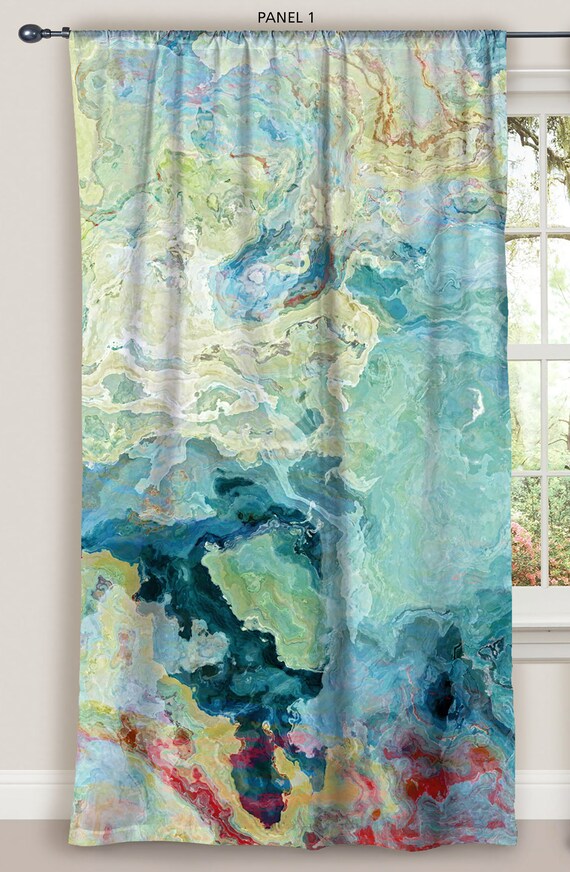 Abstract Art Window Curtain In Blue Green Aqua And Cream Abstract Art Window Curtain In Blue, Cream Green Curtains