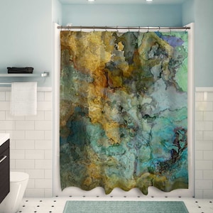 Abstract Art Shower Curtain, Contemporary Bathroom Decor, Bathroom Art, Water Resistant Shower Curtain, Kinetic, in Blue, Green and Brown image 2