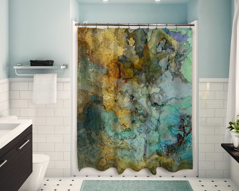 Abstract Art Shower Curtain, Contemporary Bathroom Decor, Bathroom Art, Water Resistant Shower Curtain, Kinetic, in Blue, Green and Brown image 2