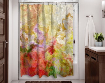 Abstract Art Shower Curtain, Contemporary Bathroom Decor, Bathroom Art, Water Resistant Shower Curtain, Morningside, in Red, Yellow, Green