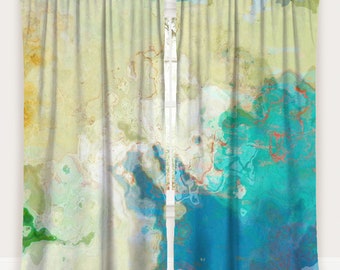 May include: Two abstract curtain panels with a watercolor-like design. The left panel features a light green, yellow, and blue design. The right panel features a turquoise, blue, and orange design.
