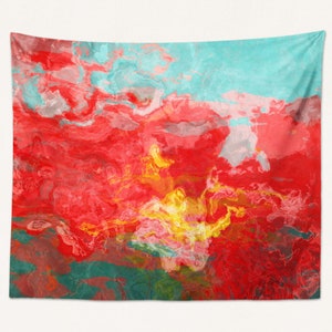 Abstract Art Tapestry Large Wall Hanging, Modern Living Room or Bedroom Decor, Contemporary Decor, Bon Temps in Red, Aqua, Yellow