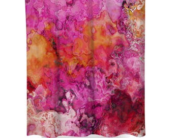 Abstract Art Shower Curtain: Contemporary Bathroom Decor - Topical in Hot Pink, Bright Orange