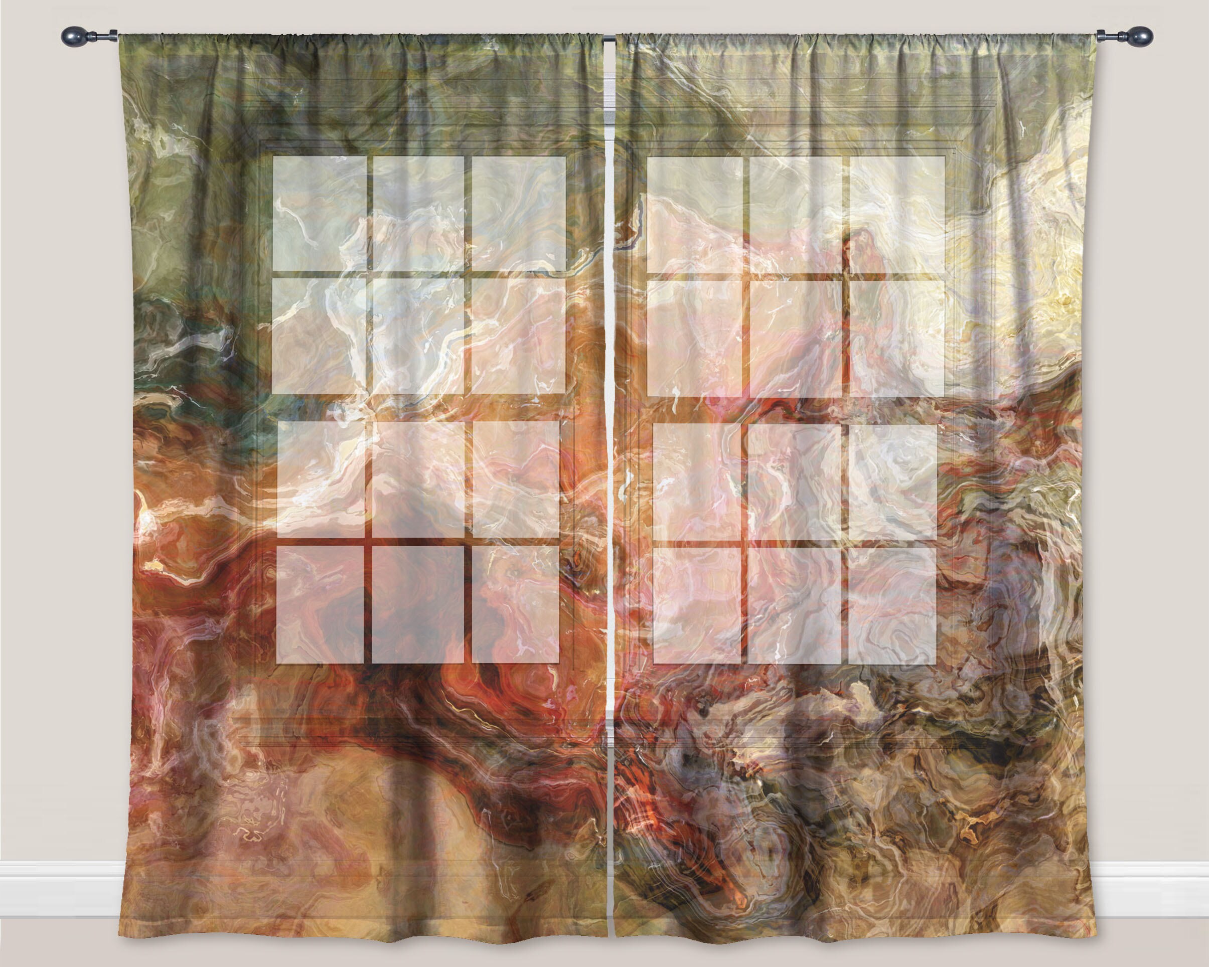 Sheer Drapery Set With Abstract Art In In Rust Brown And Etsy