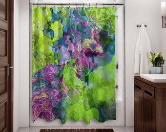 Abstract Art Shower Curtain, Contemporary Bathroom Decor, Bathroom Art, Water Resistant Shower Curtain, Beautyberry, Purple, Blue and Green
