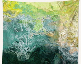 Abstract Art Tapestry: Large Modern Wall Hanging - Sea Coast in Blue-Green, Teal and White