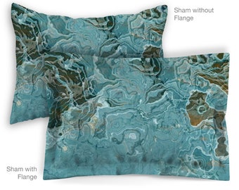 Abstract Art Pillow Sham, Standard or King Pillow Case, Bedroom Sham Contemporary Bedding, Flanged or Plain, Envelope Back, Teal Aesthetic