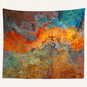 Abstract Art Tapestry: Large Modern Wall Hanging - Copper River in Orange, Turquoise, Brown
