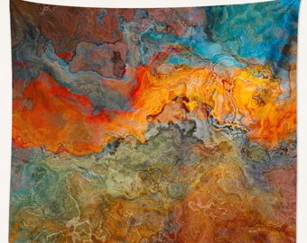 May include: Abstract tapestry featuring swirling patterns in shades of orange, yellow, blue, and green. The colors blend together to create a unique and eye-catching design.