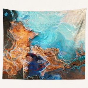Abstract Art Tapestry Large Wall Hanging, Modern Living Room or Bedroom Decor, Contemporary Decor, Revolution in Aqua, Copper, White