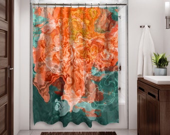 Abstract Art Shower Curtain, Contemporary Bathroom Decor, Bathroom Art, Water Resistant Shower Curtain, Coral Reef, in Green and Orange