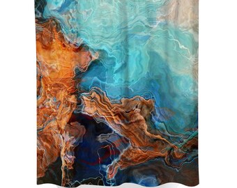 Abstract Art Shower Curtain: Contemporary Bathroom Decor - Revolution, in Aqua, Copper, White