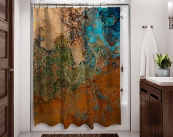 Abstract Art Shower Curtain, Contemporary Bathroom Decor, Bathroom Art, Water Resistant Shower Curtain, Canyon Sunset in Rust, Turquoise,