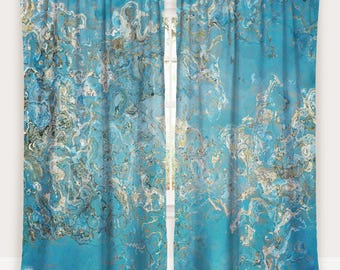 May include: Two blue curtains with a marbled pattern in shades of white and gold. The curtains are labeled "Panel 1" and "Panel 2".