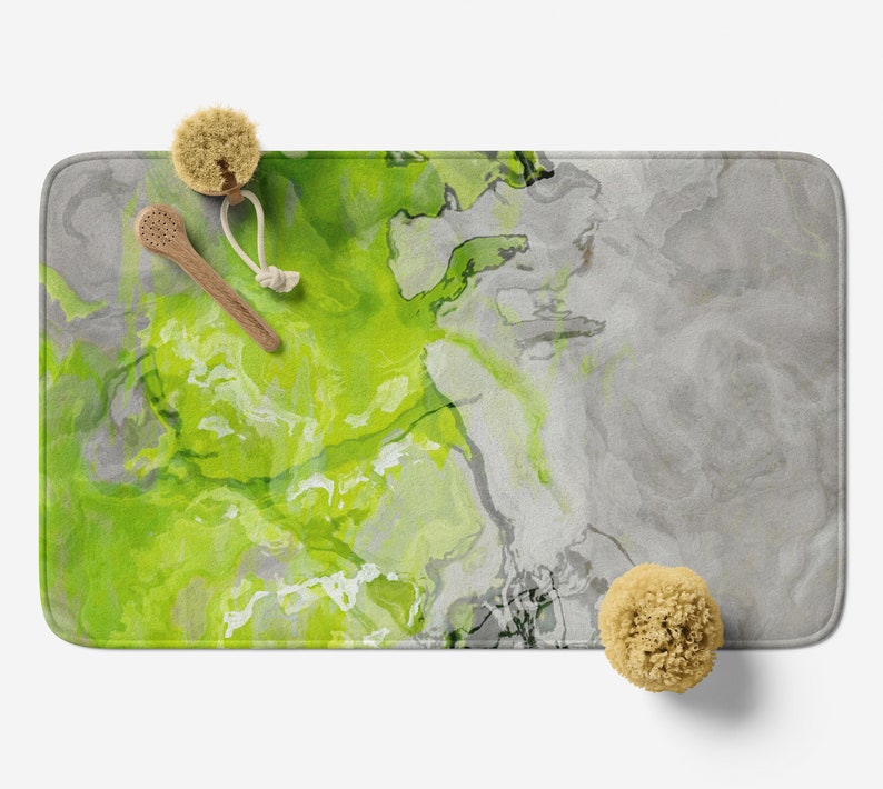 Bath Mat with Abstract Art, Microfiber Memory Foam Bathroom Rug, Anti-Slip Backing, Modern Non Slip Bathroom Rug, Lime Love image 2