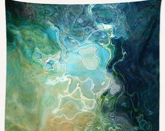 Abstract Art Tapestry: Large Modern Wall Hanging - Watershed in Blue, Aqua, Green, Navy